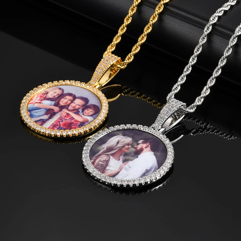 Vnox Free Custom Round Photo Frame Necklaces Gift for Women Men,Big Coin Pendant Zircon Stone Circle,Family Picture