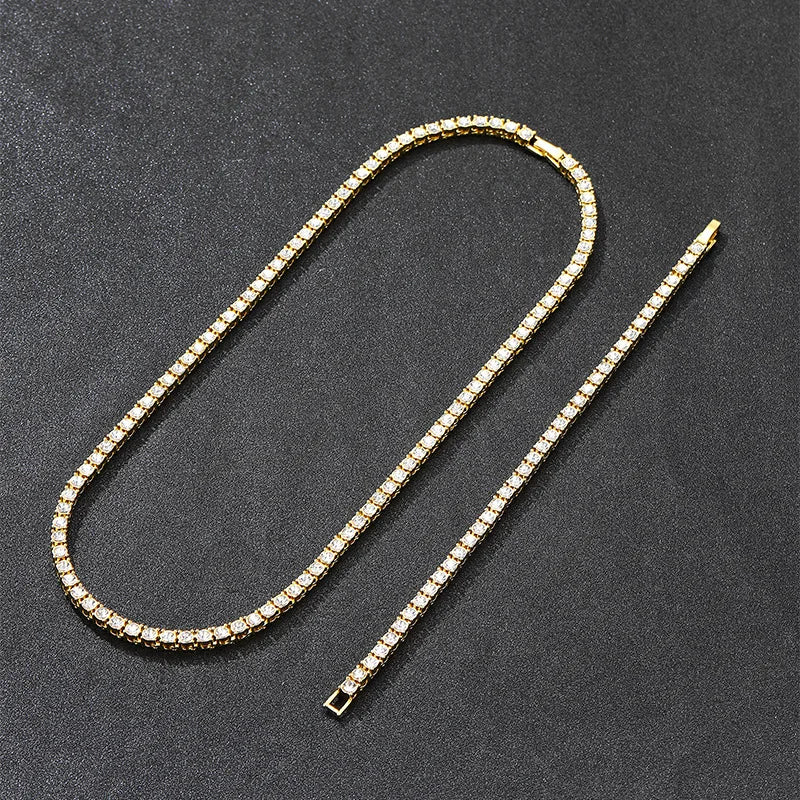 Hip Hop Iced Out Tennis Bracelet Necklace Men 4mm Tennis Chain Fashion Gold Color Jewelry Women Link 18/20inch Choker