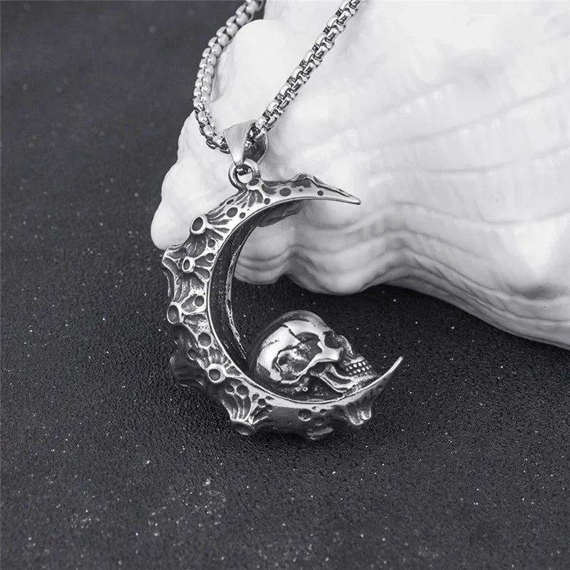 Moon Skull Pendant Necklace — 316L Stainless Steel