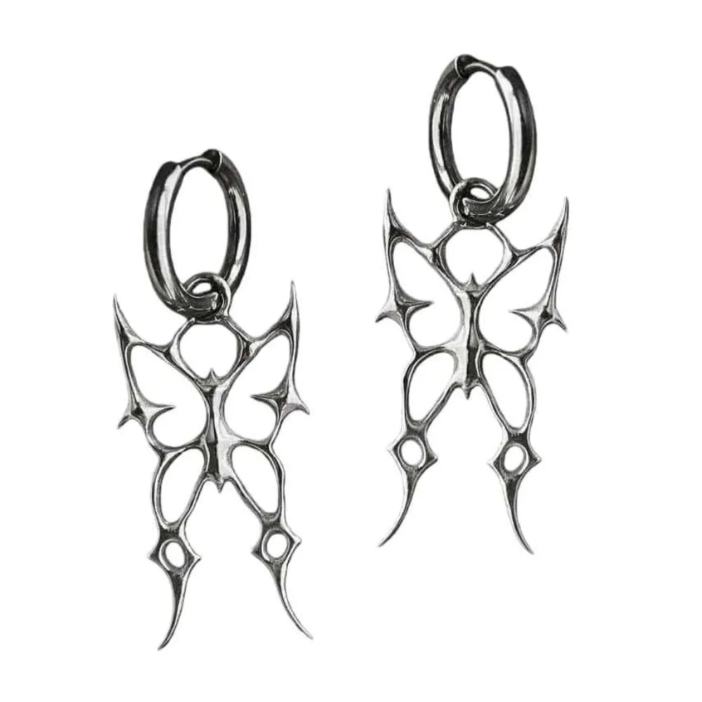 Gothic Punk Silver Color Hollowed-out Thorn Swallowtail Butterfly Pendant Hoop Earrings for Men Women Couples Halloween