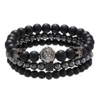 Lion Head Crown Dice Bead Bracelet Set — Black-Tone, 3 Pcs