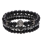 Lion Head Crown Dice Bead Bracelet Set — Black-Tone, 3 Pcs