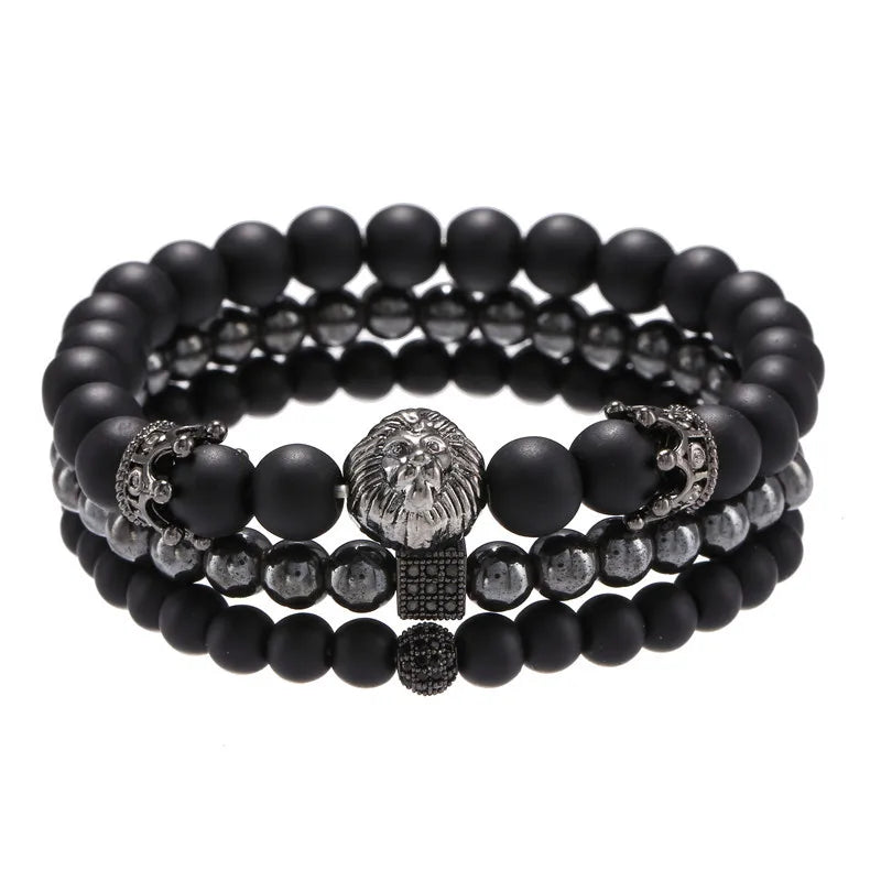 Lion Head Crown Dice Bead Bracelet Set — Black-Tone, 3 Pcs