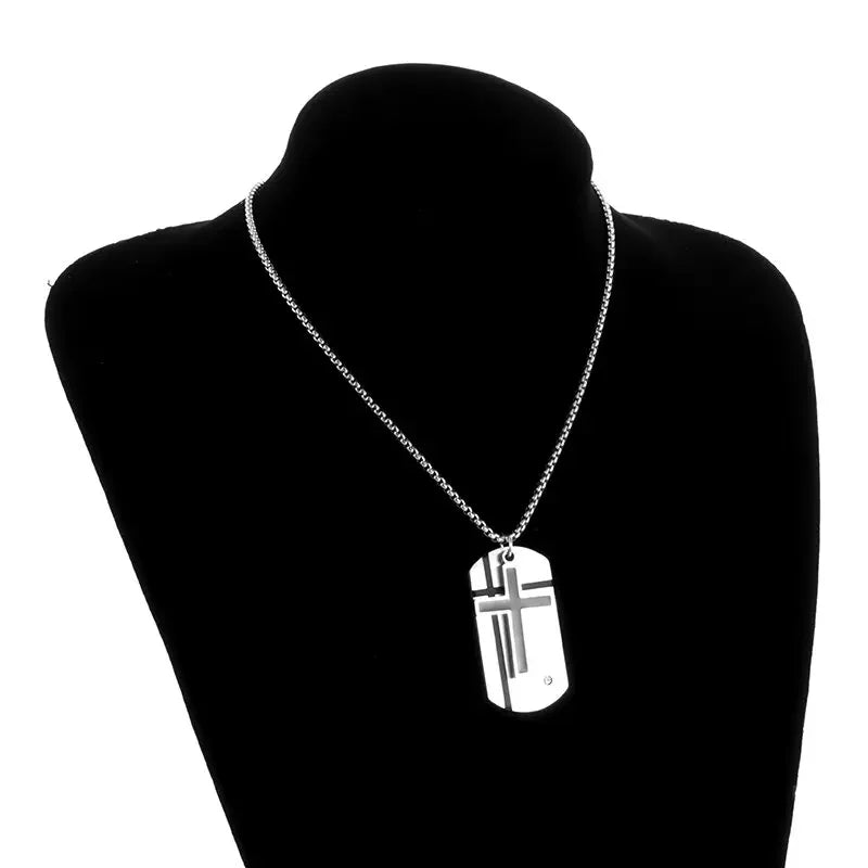 Men\'s Cross Necklace Stainless Steel Silver Color Faith Cross Bible Verse Dog Tag Pendant Necklace Birthday Gifts for