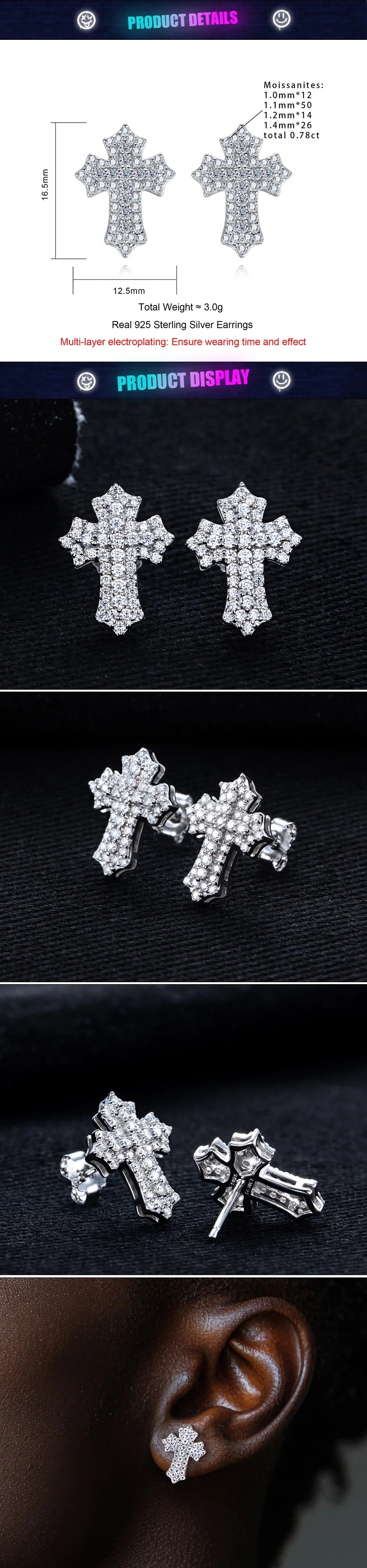 Iced Out Cross Stud Earrings — 925 Silver
