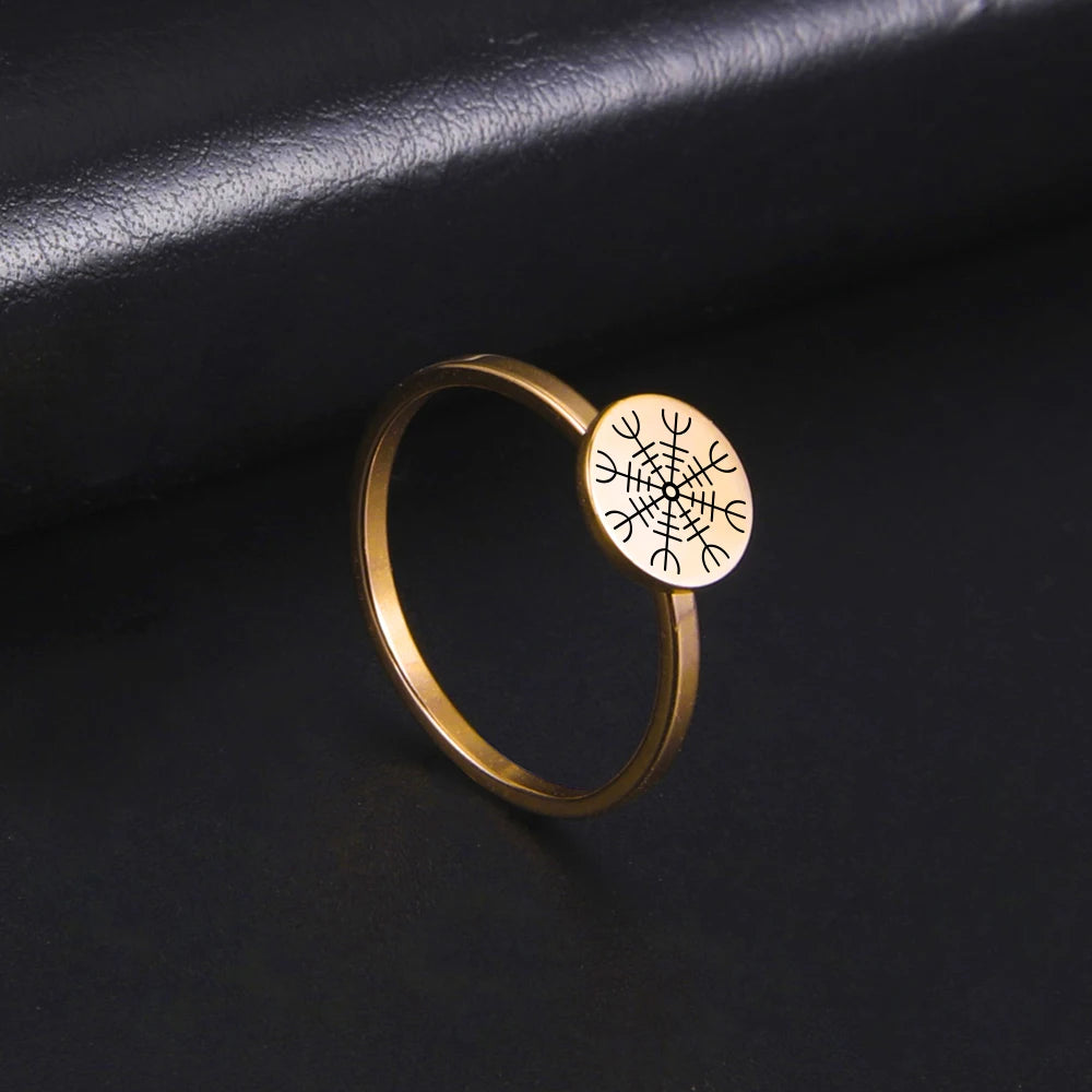 LIKGREAT Vintage Viking Rune Signet Scandinavn Rings for Men Women Vegvisir Compass Ring Circle Norse Helm of Awe Amulet Jewelry
