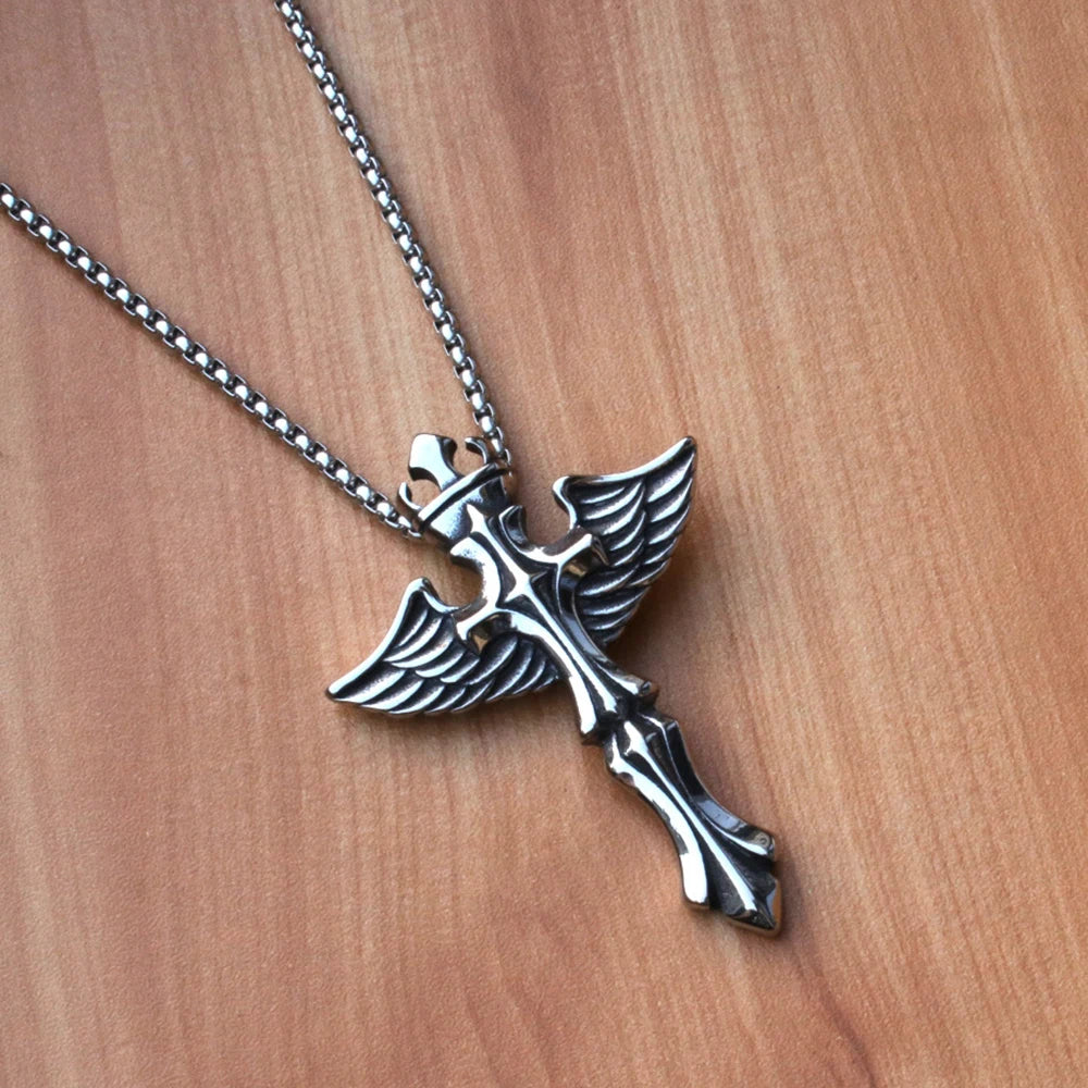 Silver Wings Cross Pendant Necklace Vintage