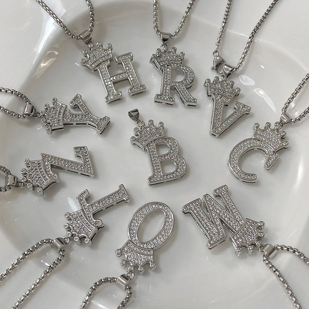 Freetry 26 Letters A-Z Zircon Crown Pendant Necklace for Women Men Punk Initial Alphabet Necklaces Hip Hop Choker Chain