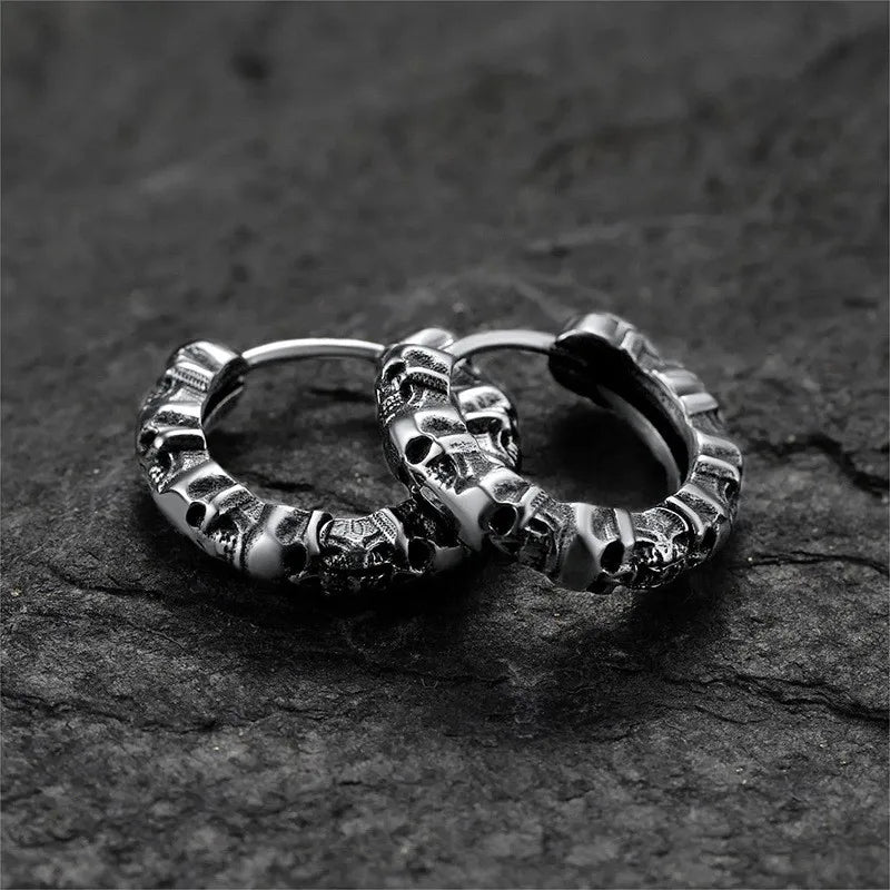 Stacked Skull Hoop Earrings Huggie Circle — Silver-Tone