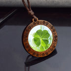 Shamrock Lucky Clover Wood Necklace Wooden Pendant Four Leaf Clover Necklaces Handmade Glass Cabochon Jewelry Women Gift
