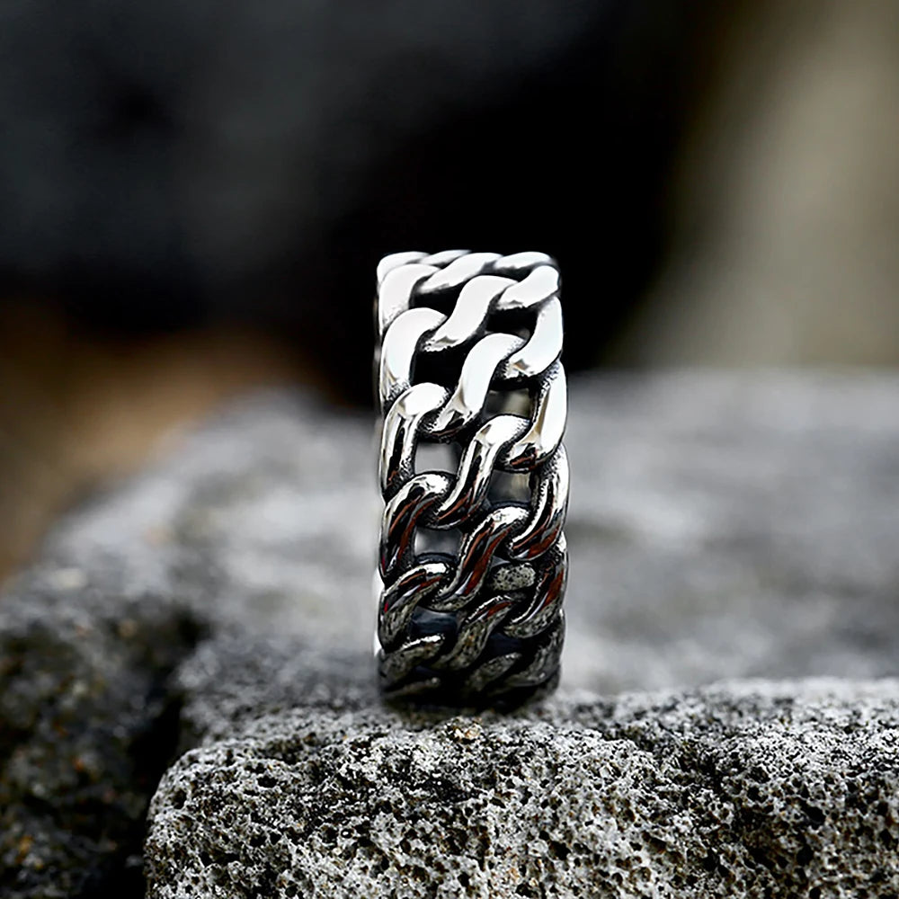 Simple Vintage Stainless Steel Link Chain Rings Punk Biker Fashion Creative Cuba Chain Ring For Men Women Jewelry Gift