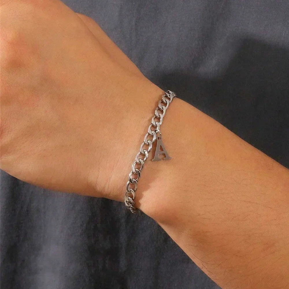 A-Z Initial Letter Cuban Chain Bracelet — Stainless Steel