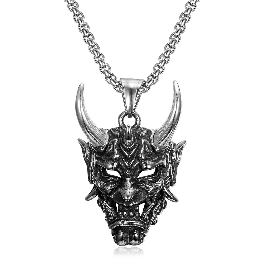 Long Horn Demon Mask Pendant — Stainless Steel