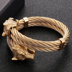 Retro Elastic Wolf Head Open Cuff Bangle Bracelet For Men 12MM Twist Chain Stainless Steel Men‘s Bracelets Rockers
