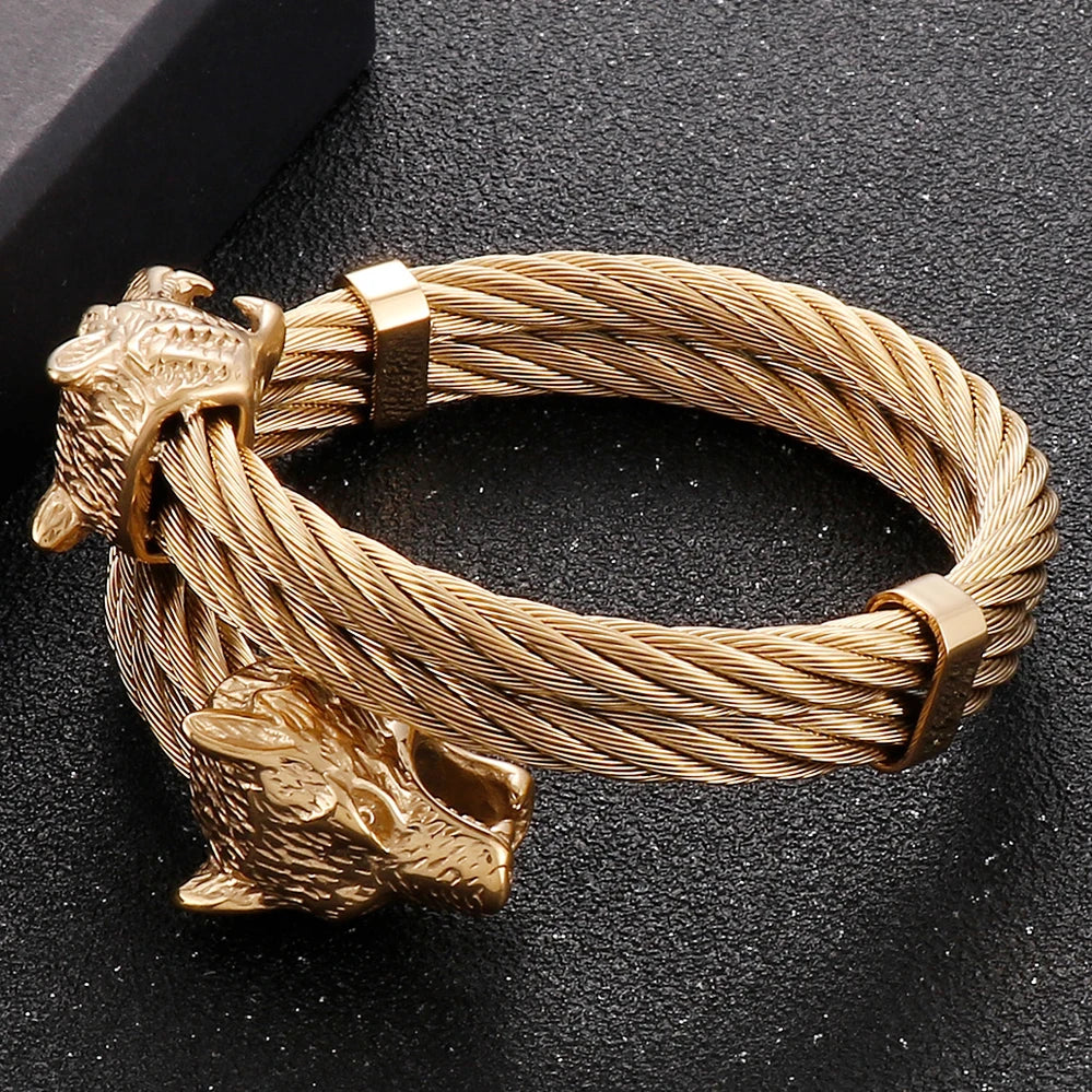 Retro Elastic Wolf Head Open Cuff Bangle Bracelet For Men 12MM Twist Chain Stainless Steel Men‘s Bracelets Rockers