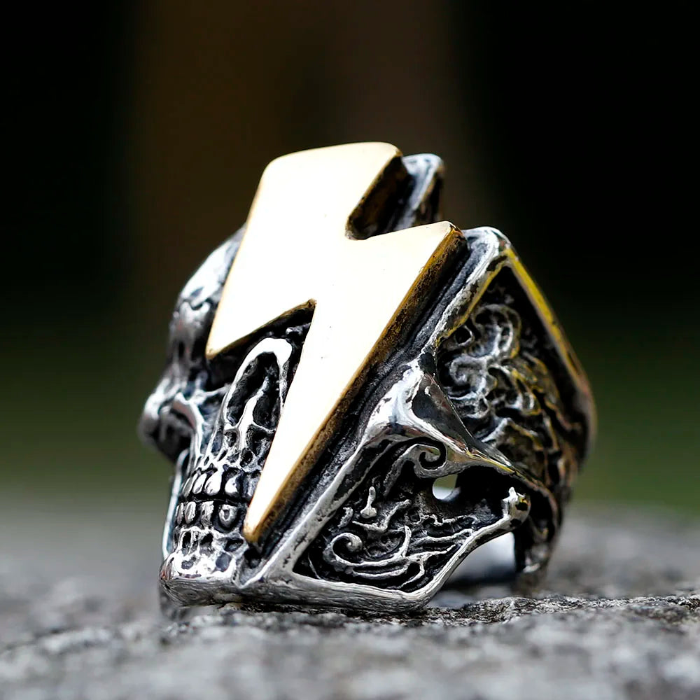 2022 New Stainless Steel Lightning Skull Ring For Men Punk Rock Gothic Punk Metal Rock Biker Jewelry Accessories