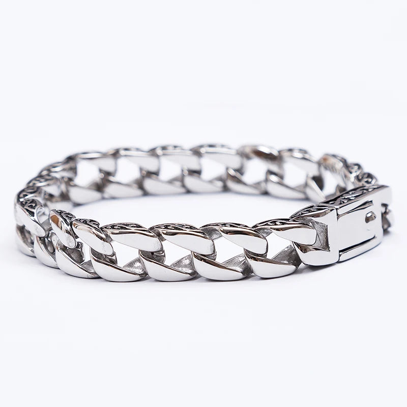 Man Bracelet Homme 12MM Wide Stainless Steel Curb Chain Charm Bracelets On Hand Bands for Men Vintage Mens Jewellery