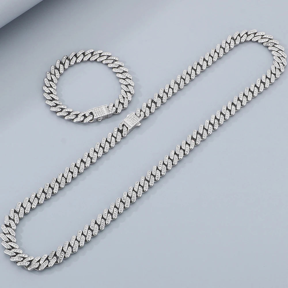 Hip Hop Rock Men's CZ Necklace & Bracelet Jewellery Set Luxury Waterproof Gold Color Stainless Steel Jewelry