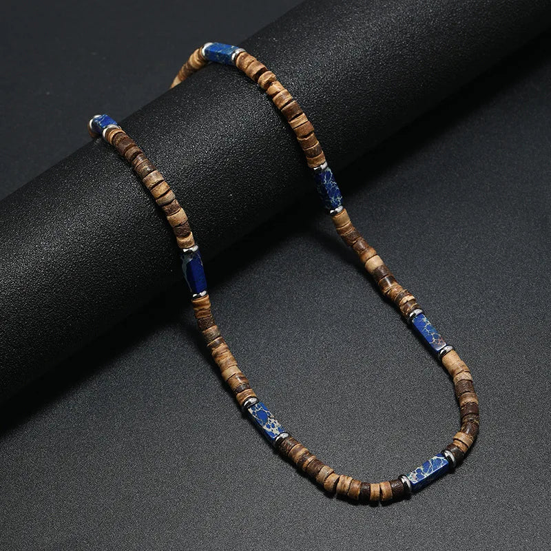 Vintage Bohemian Summer Jewelry Ethnic Style Jewelry Brown Coconut Shell Wood Beads Natural Stone Necklace Men's Jewelry