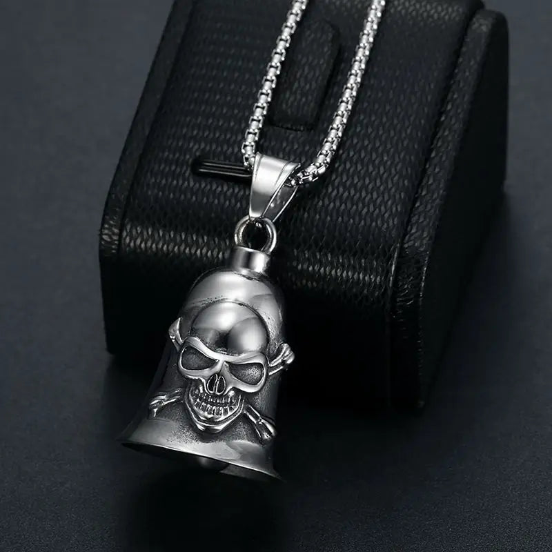 Pirate Skull Moto Bell Pendant Necklace — Gothic Motorcycle Rider