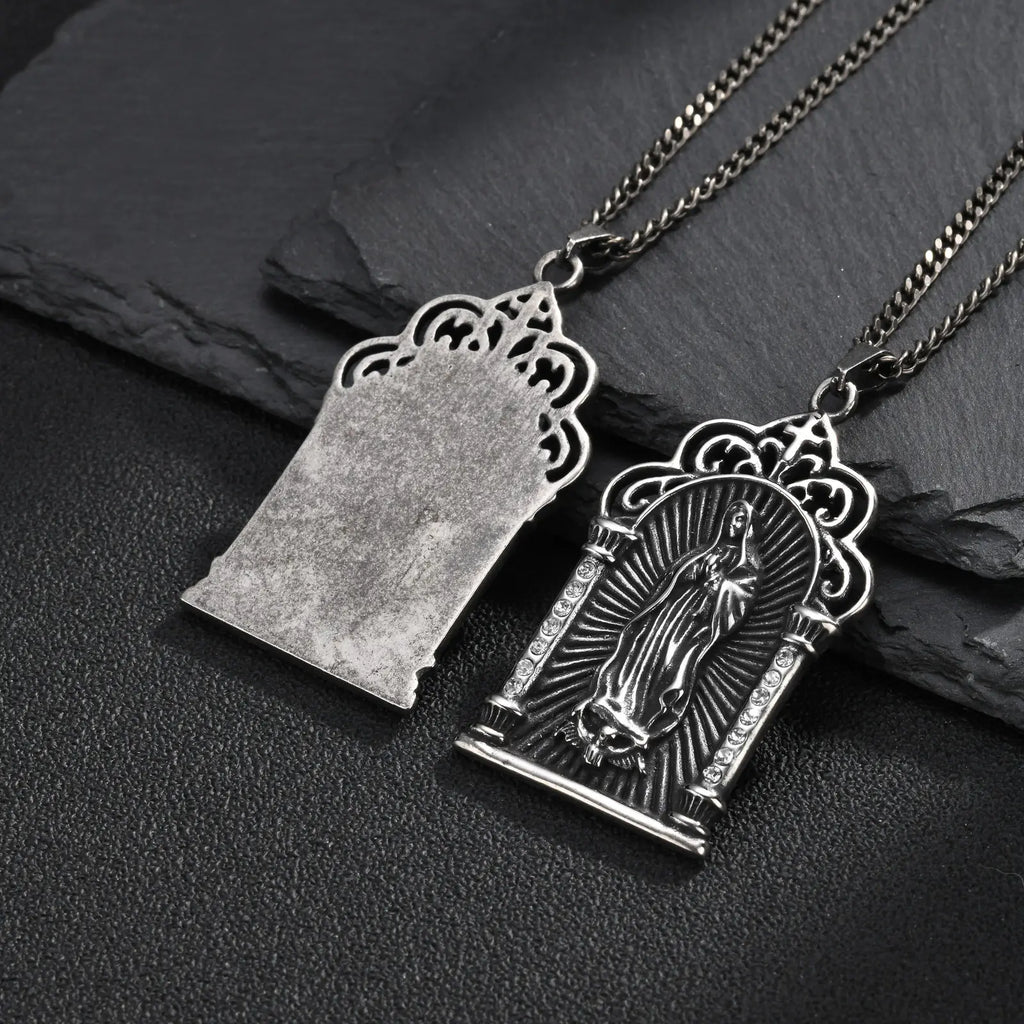 Virgin Mary Gothic Pendant Necklace — Grey CZ, Stainless Steel