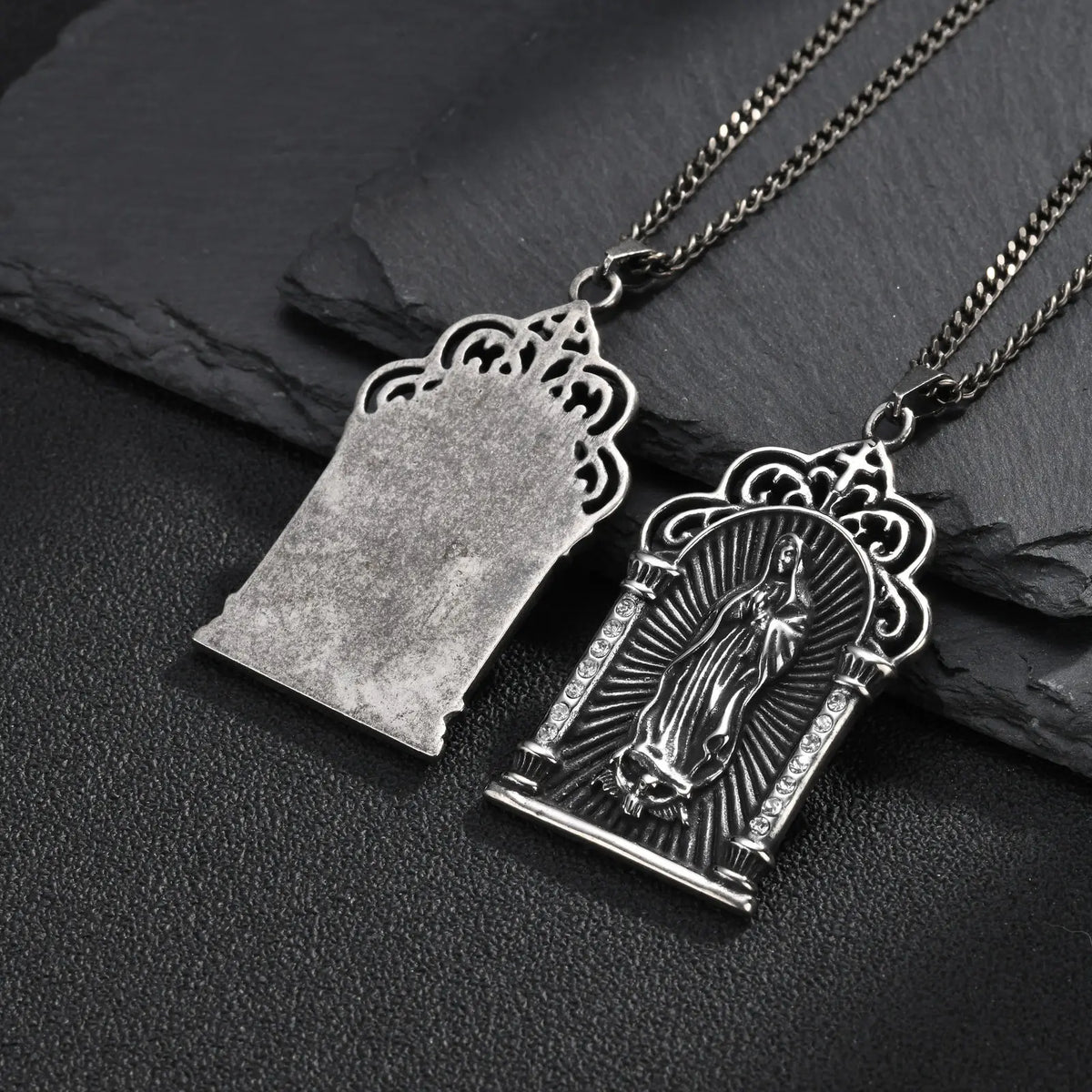 Men Stainless Steel Virgin Mary Pendant Necklace Retro Grey Clear CZ Crystal Gothic Church Religious Amulet for Daily Wear