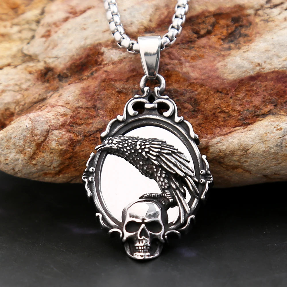 Gothic Crow Skull Stainless Steel Pendant Necklace