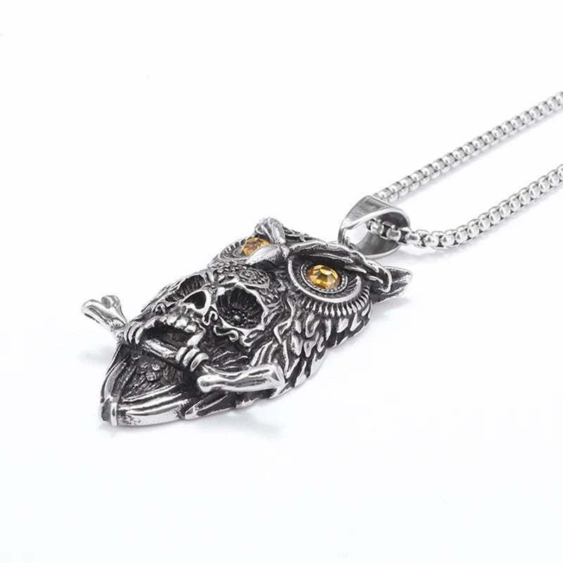 Gothic Style Owl Skull Pendant Necklace for Personalized Men's Retro Motorcycle Rider Party Jewelry Accessories