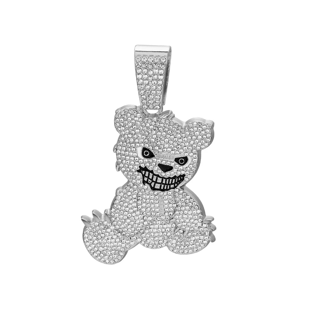 Men Women Hip Hop Bear Shape Pendant Necklace with 13mm Crystal Cuban Chain Iced Out Bling Bling Necklaces HipHop Punk