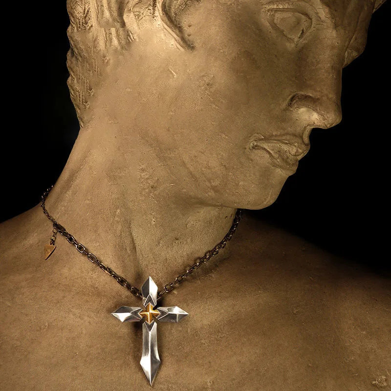 Knight Heart Stainless Steel Huge Cross Sword Pendant Necklace Men Male Metal Cruz Necklaces Jewelry Accessories