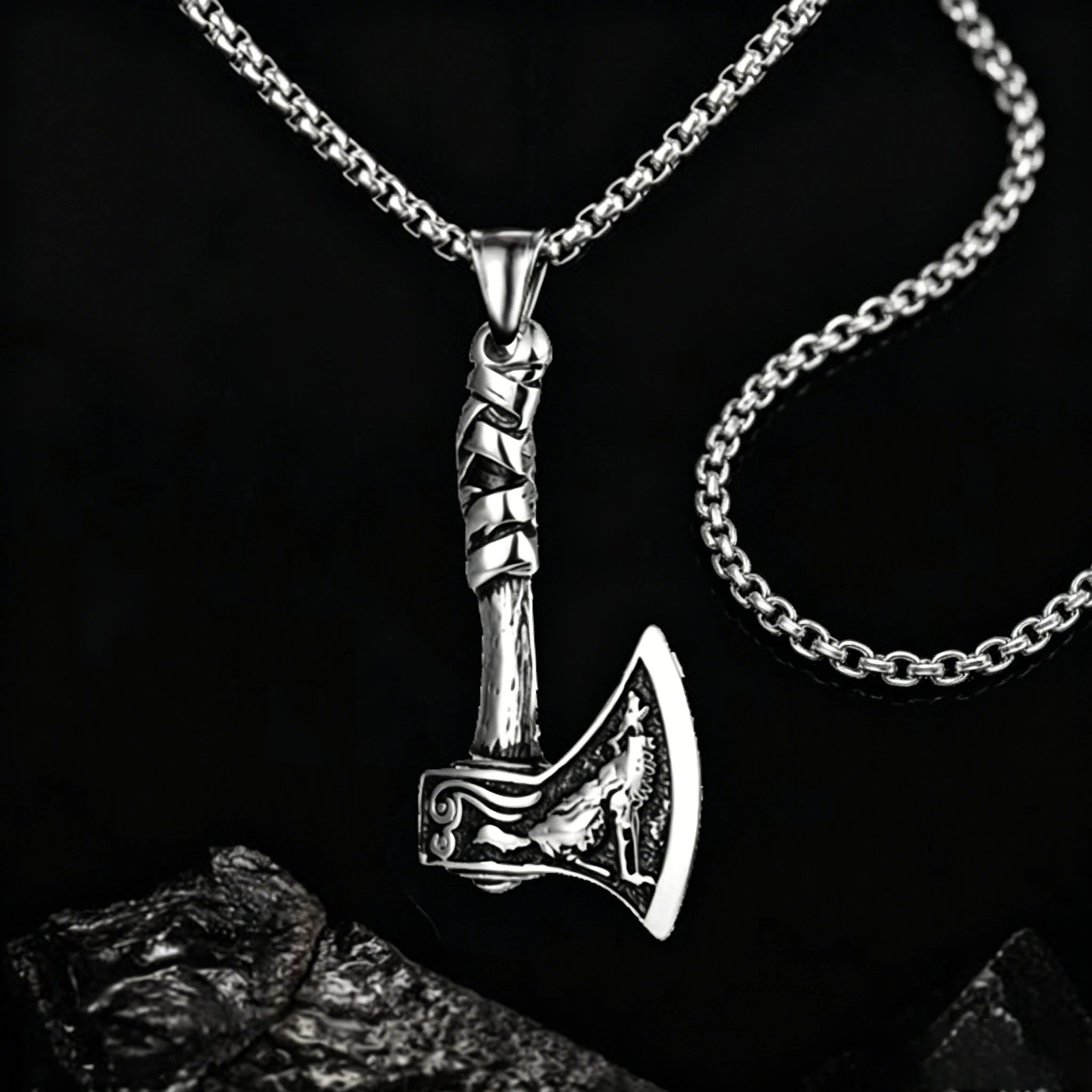 Silver Viking Axe Wolf Pendant Necklace