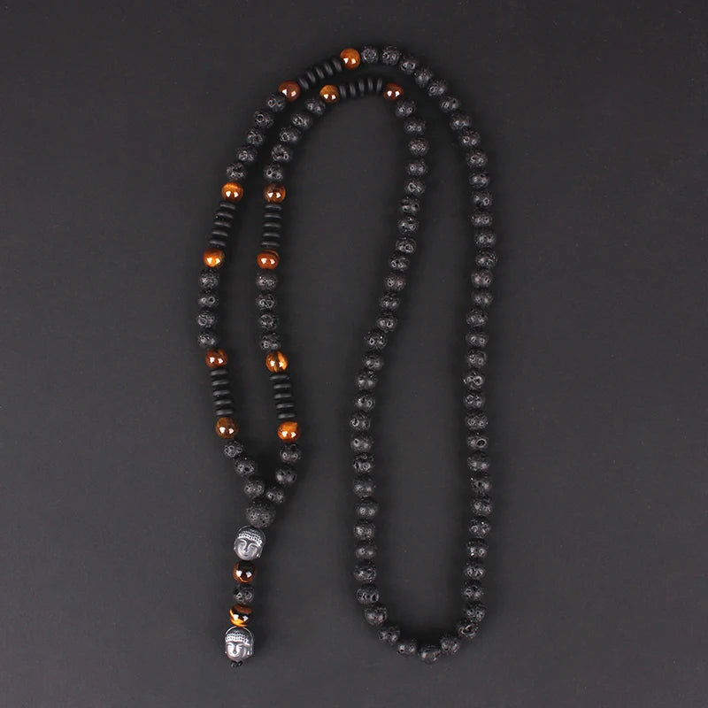 6mm Lava Stone Tiger-eye Beaded Necklace for Men and Women with Buddha Head Pendant