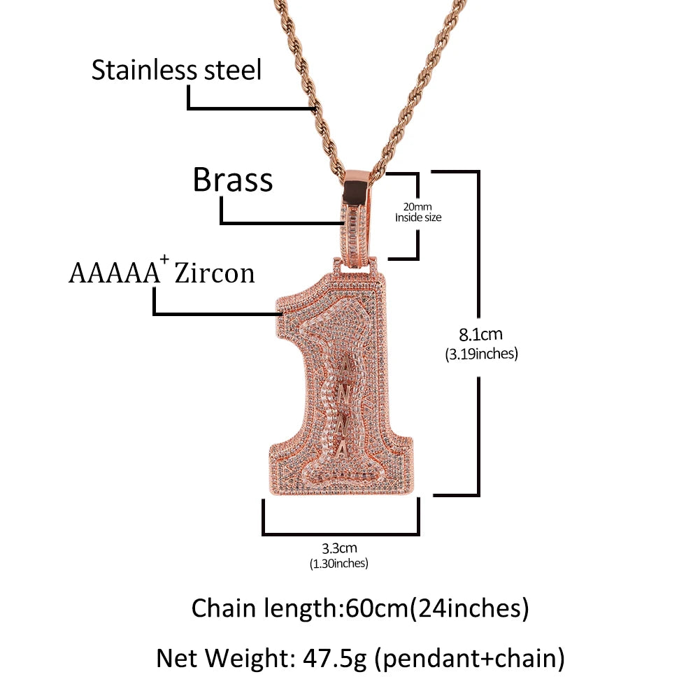 Uwin Big Size Number 1 Pendant Custom Vertical Small Stainless Steel Letters Pendant Micro Paved Out CZ Necklace Hiphop Jewelry