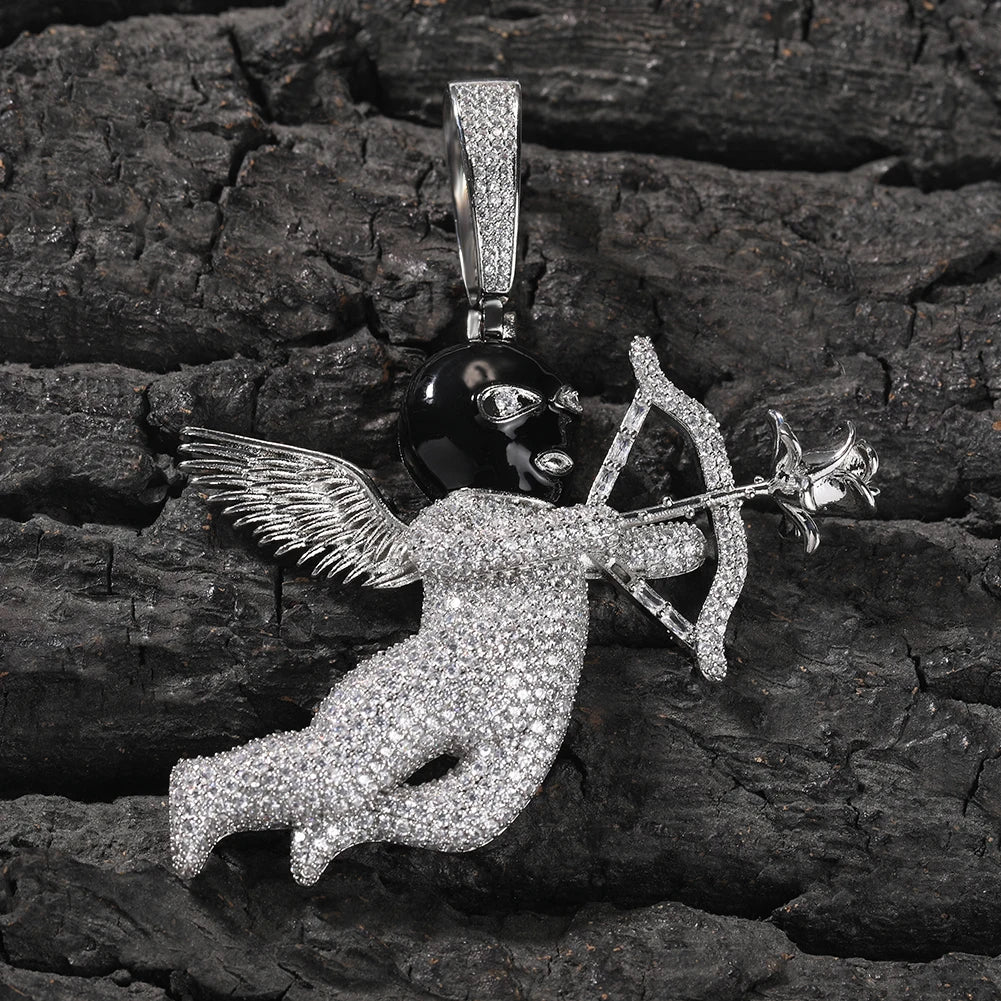 THE BLING KING Iced Full Zirconia Masked Rose Cupid Angel Pendant Necklace Goddess of Love With Arrow 12mm Square Chain Jewelry