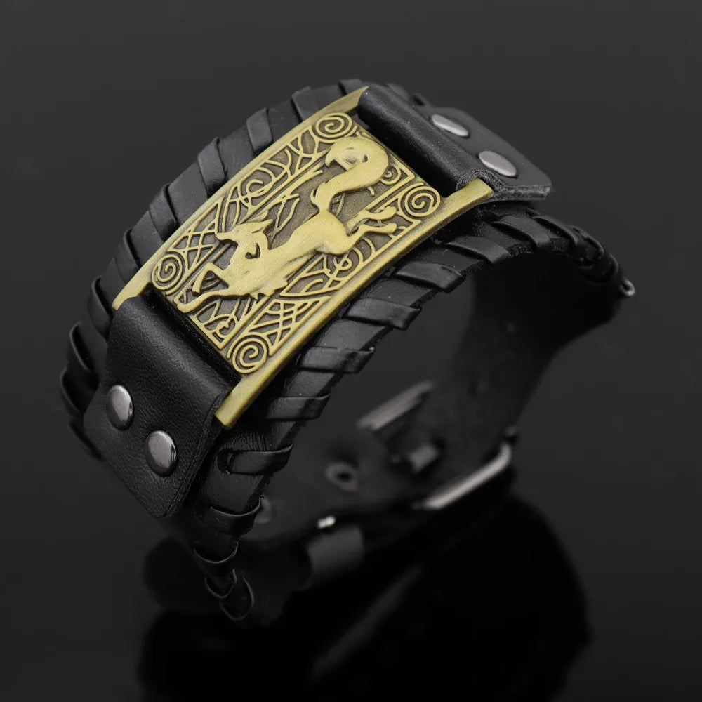 Nordic Viking Symbol Fox Pattern Bracelet Men's New Fashion Metal Leather Woven Jewelry Animal Accessories Party Gift