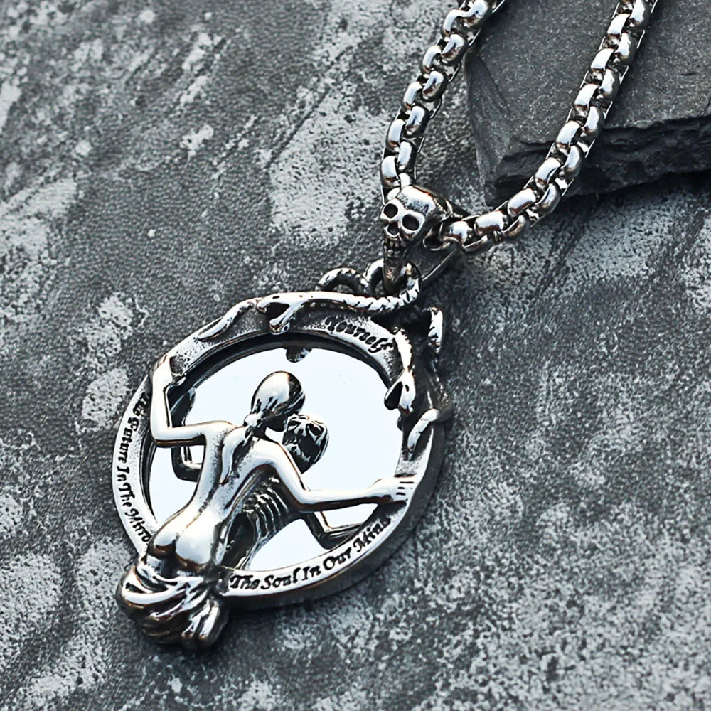 Vintage Stainless Steel Magic Mirror Skull Necklace Pendant Men Women Fashion Silver Color/Gold Biker Snake Necklace