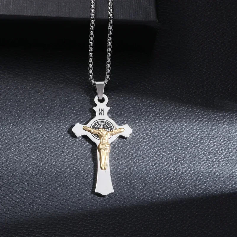Saint Benedict Medallion Stainless Steel Pendant Zircon San Benito Collares Necklace Amulet Religious Cross Jesus
