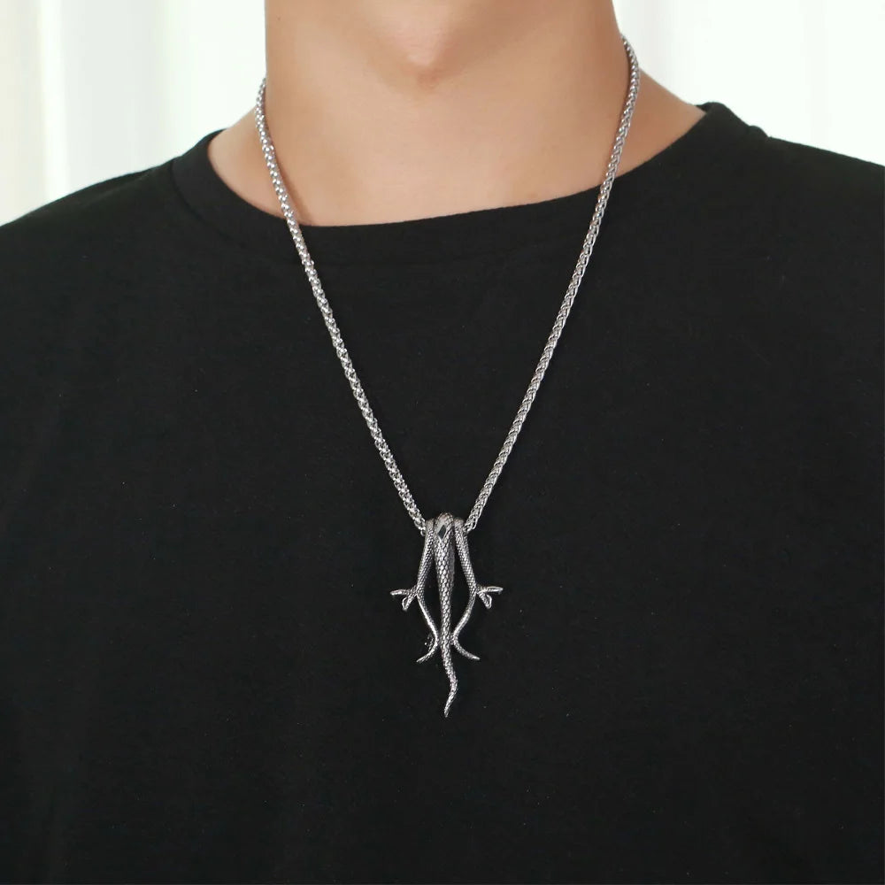 Retro Long Snake Three Headed Snake Pendant Necklace Stainless Steel Punk Biker Snake Necklace For Men Women Jewelry Gift