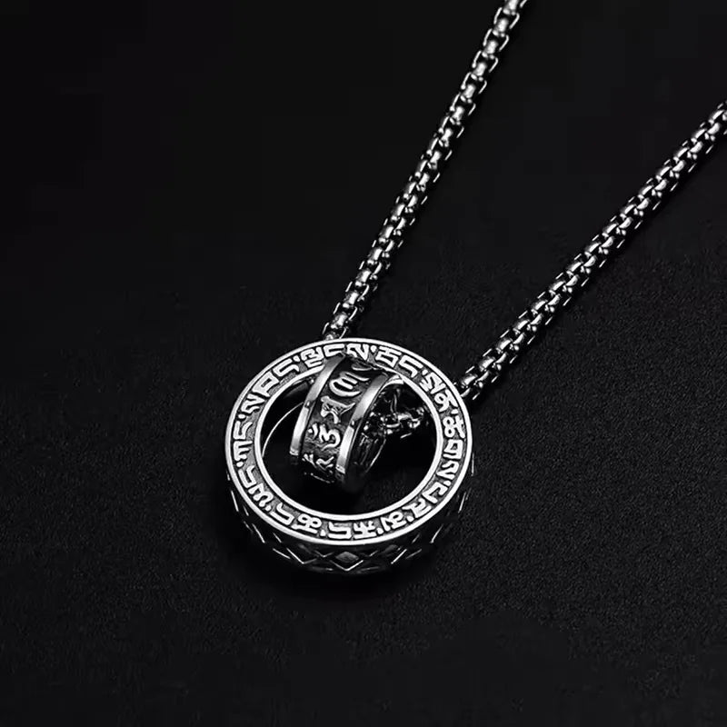 Retro   Six Character Mantra Double Ring Pendants Rotating Male Artistic Personality Versatile Necklaces Fashion Jewelry