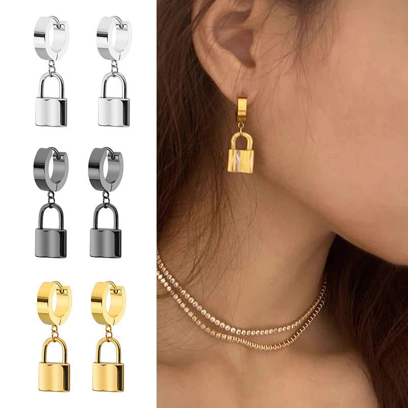 1 pair Fashion Simple Padlock Pendant Stainless steel lock Shaped Stud Earrings For Women Punk Hip Hop Style Ear