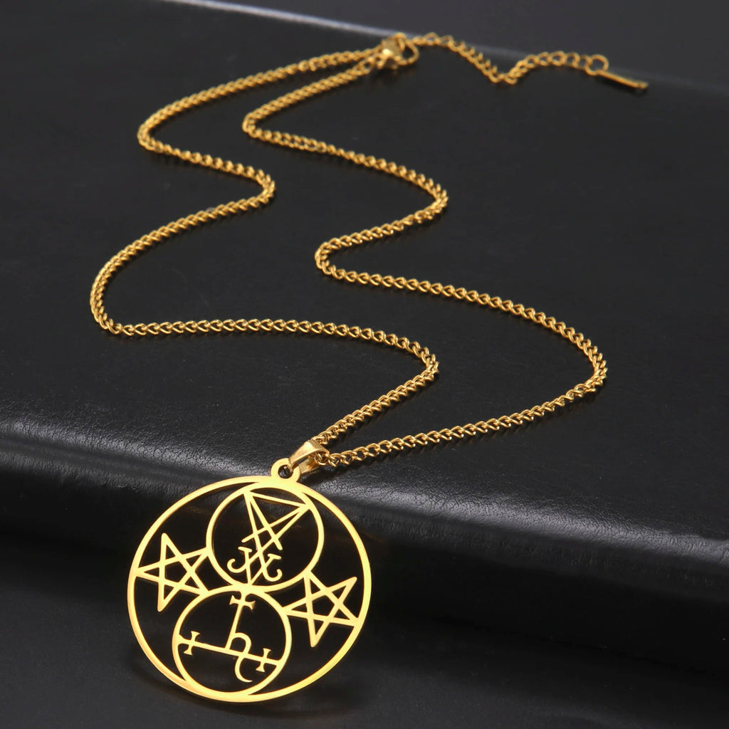 EUEAVAN Sigil of Lucifer Lilith Double Seal Pendant Necklace Church Satan Demon Satanic Stainless Steel Pentagram Amulet Jewelry