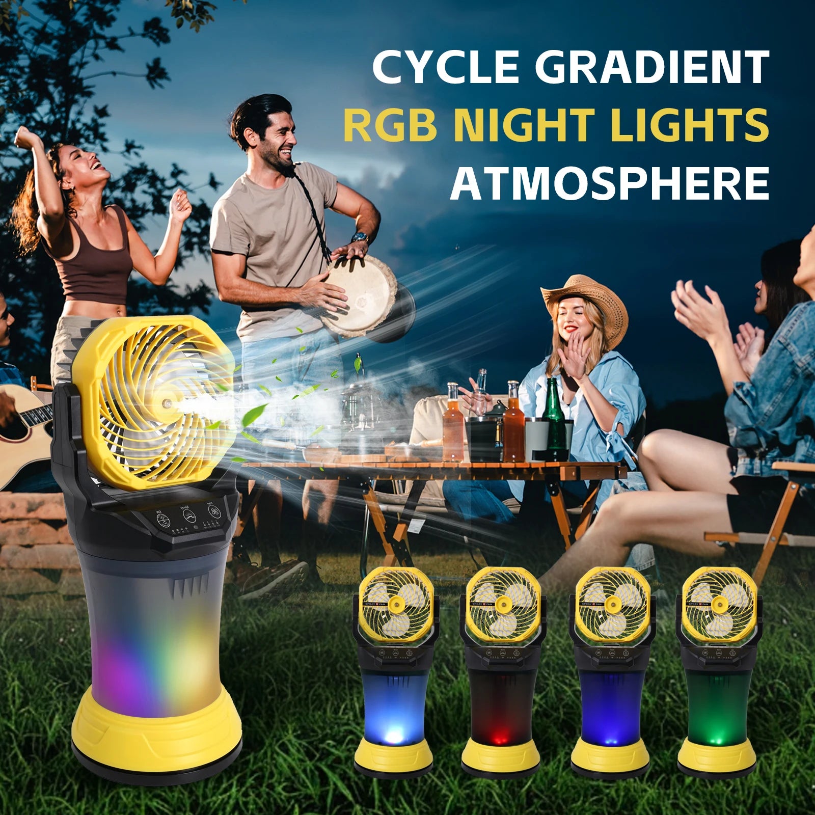 Outdoor Spray Fan 2000ml 15000mAh, 4 Speeds, Nano Mist, RGB Light, 90° Oscillation, Yellow