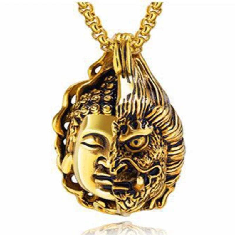 Gothic Buddha Demon Cuban Chain Necklace — Two-Tone, 21in