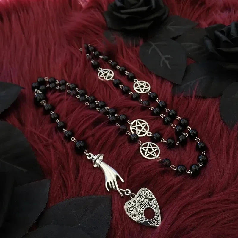 PERSONALISIERBAR Black Rosary with Ouija Planchette and Hand, Gothic Necklace, Black Magic, Occult Jewelry, Ghosts