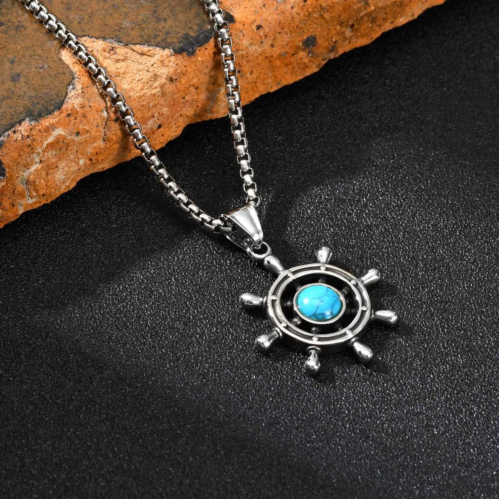 Rudder Turquoise Pendant — Silver Stainless