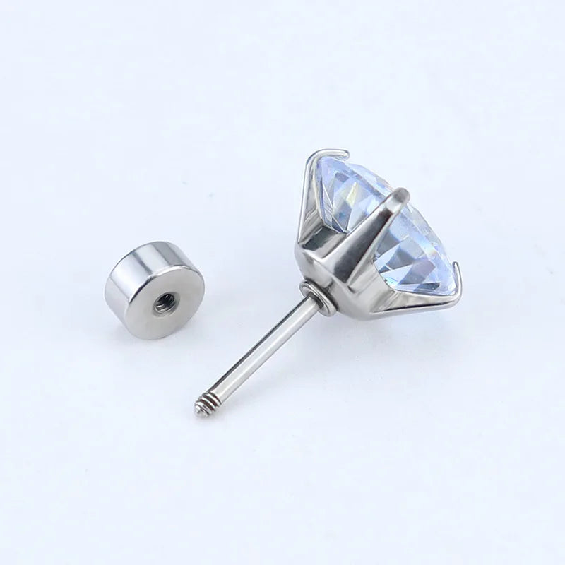 1 Pair 3-8mm Classic Round/Flat Back Screw Stud Earrings for Women/Men Stainless Steel  Shiny Zircon Crystal Piercing Jewelry