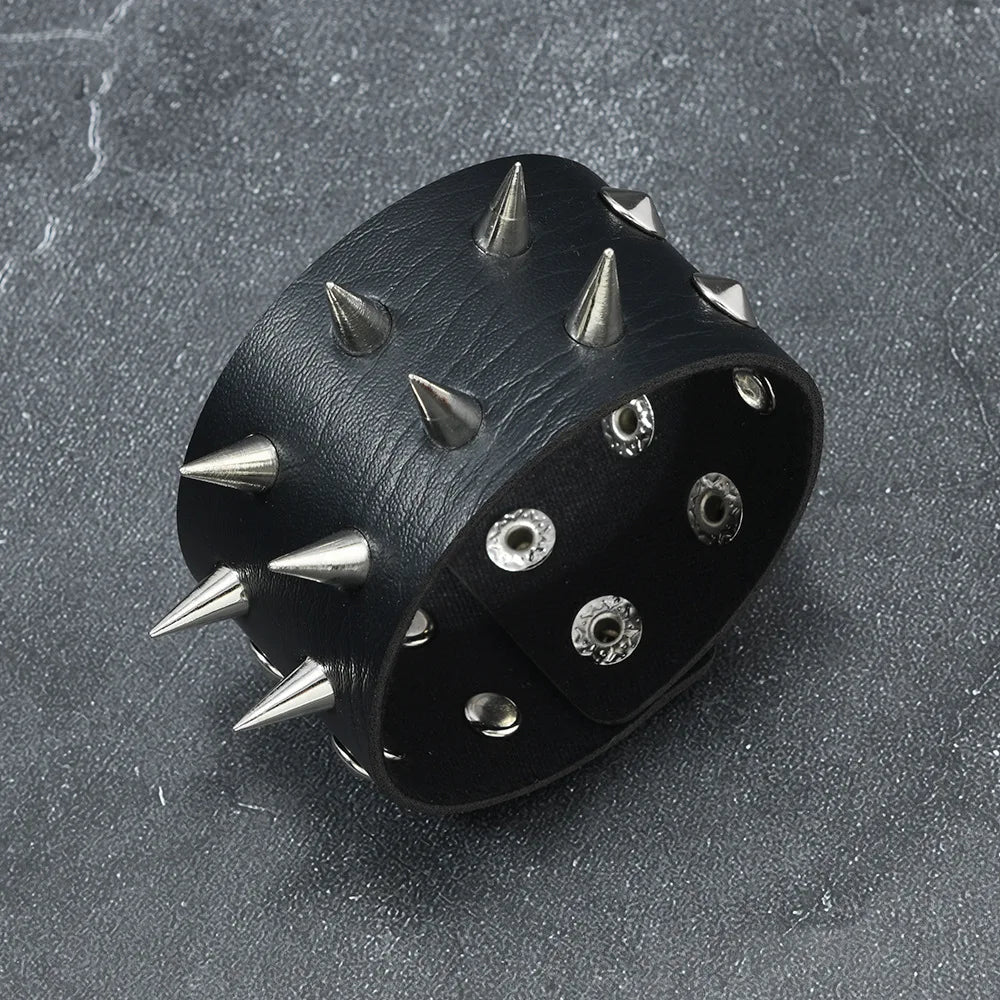 Gothic Spike Stud Leather Cuff Bracelet — Two-Tone