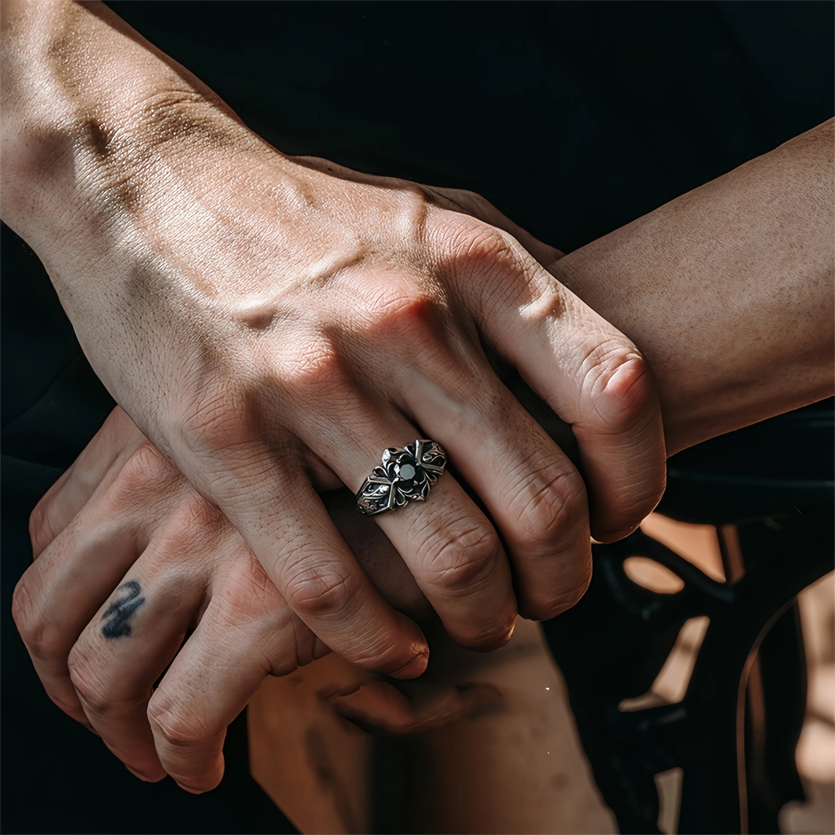 Sword & Rose Black Zircon Open Ring — Silver
