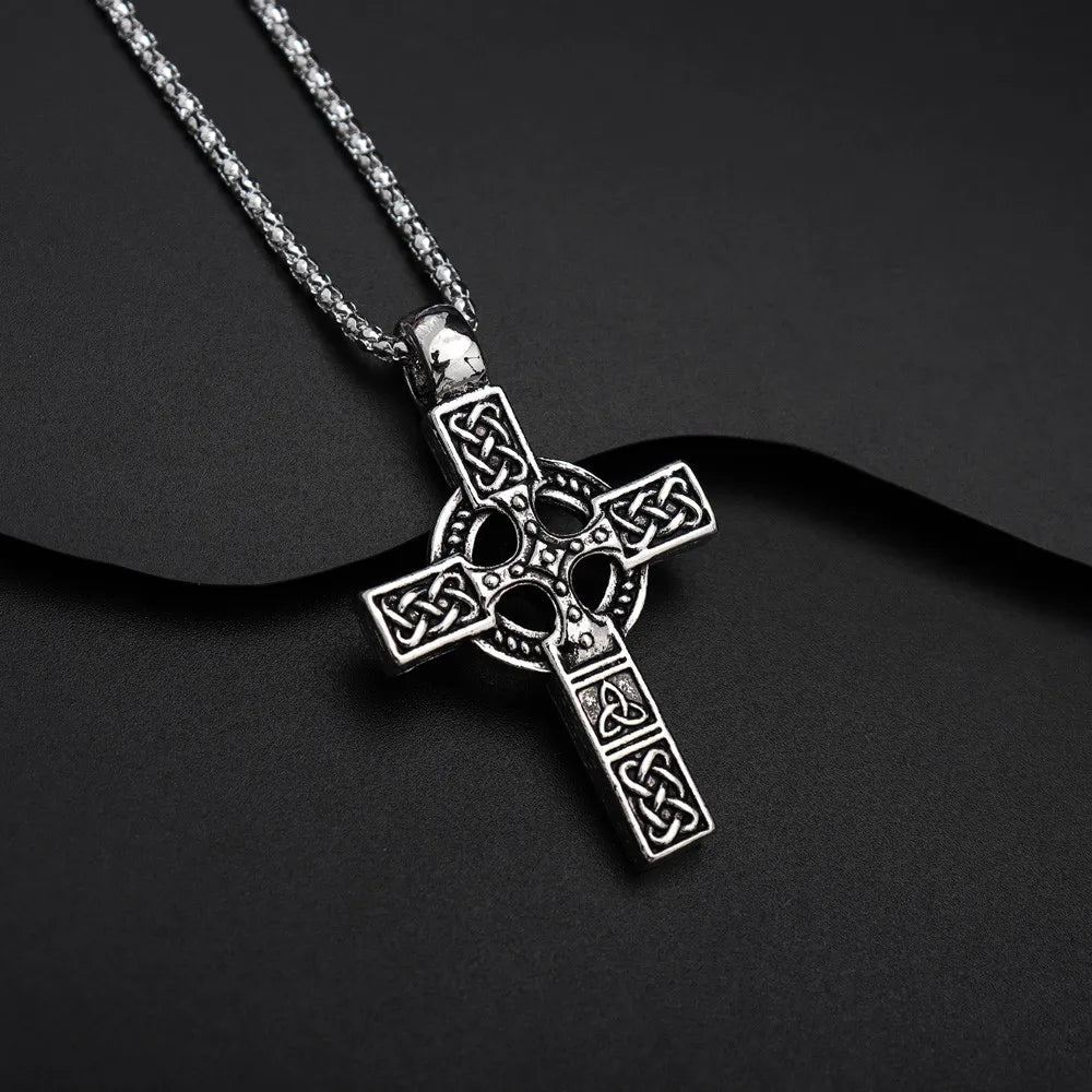 Vintage Celtic Cross Pendant Necklace Men's — Silver-Tone