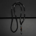 Black Obsidian Round Beads Hematite Old Man Head Pendant Y Necklace Men's Jewelry